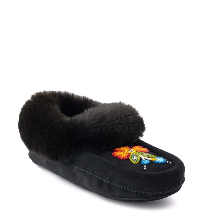 Women Manitobah Mukluks Slippers | Faux Fur Bloom Moccasin Black