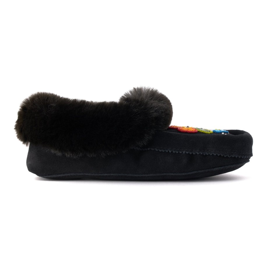 Women Manitobah Mukluks Slippers | Faux Fur Bloom Moccasin Black